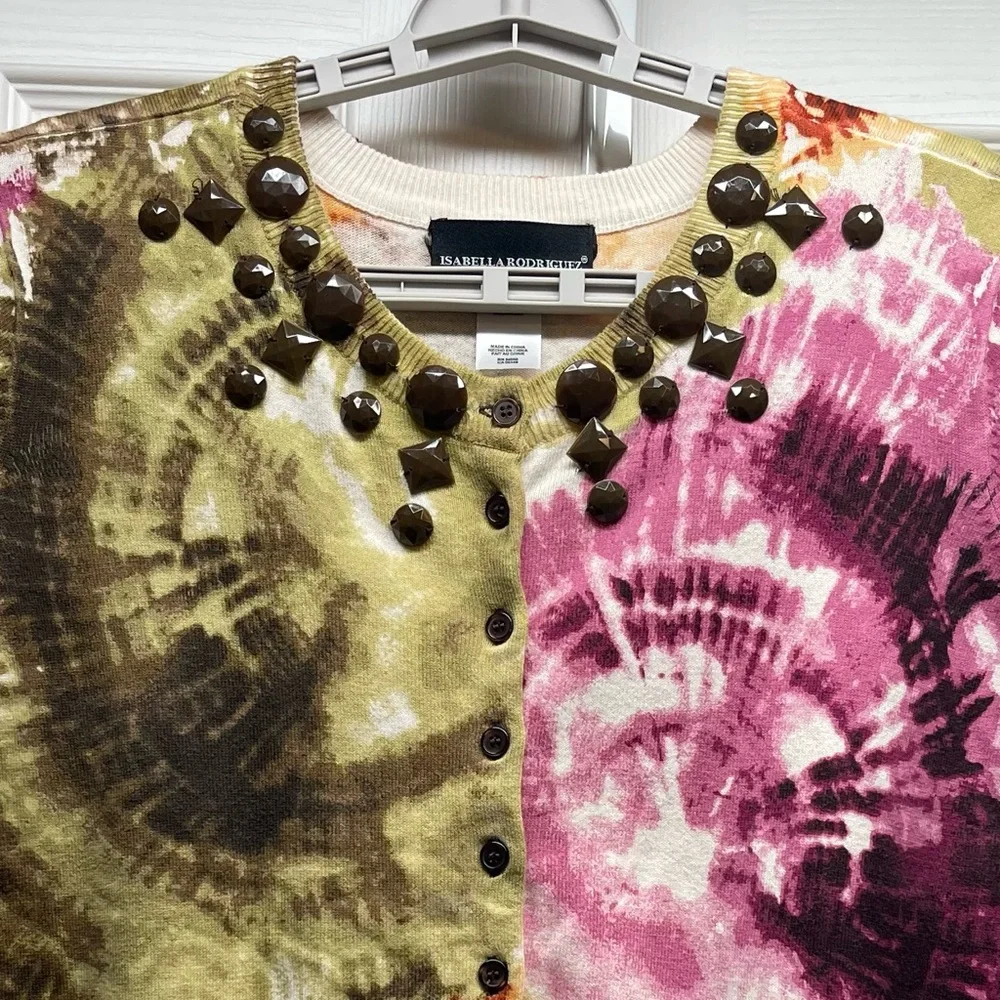 Isabella Rodriguez Beaded Tie Dye Cardigan Sweater Short Sleeve Size XL